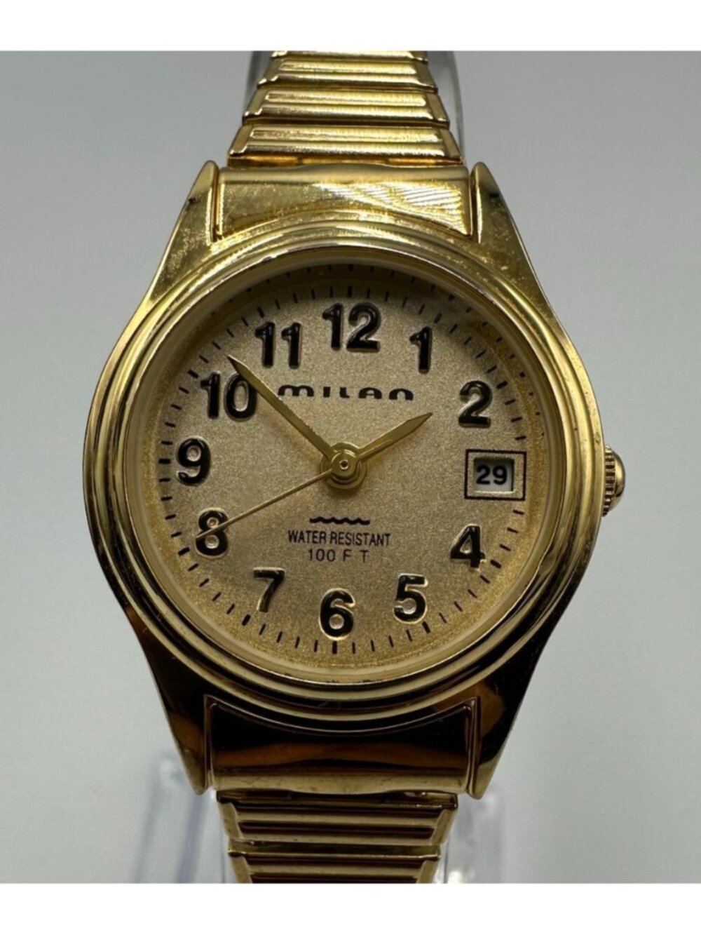 3/$30 Milan Watch Women Gold Tone Date Window Stretch Band New Battery 6.25 Inch